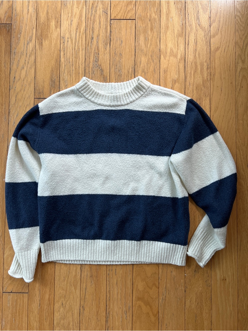 American Eagle Outfitters Navy and Cream Wide-Striped Crewneck Sweater